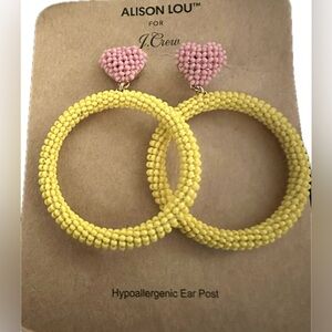 NWT NEW Alison Lou for J.Crew Beaded Drop Hoop Pink Heart Yellow Earrings Collab